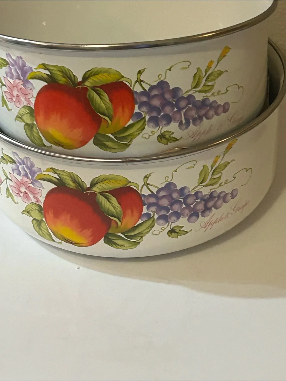 White Fruit-Pattern Enamel Mixing Bowls - Set of 2